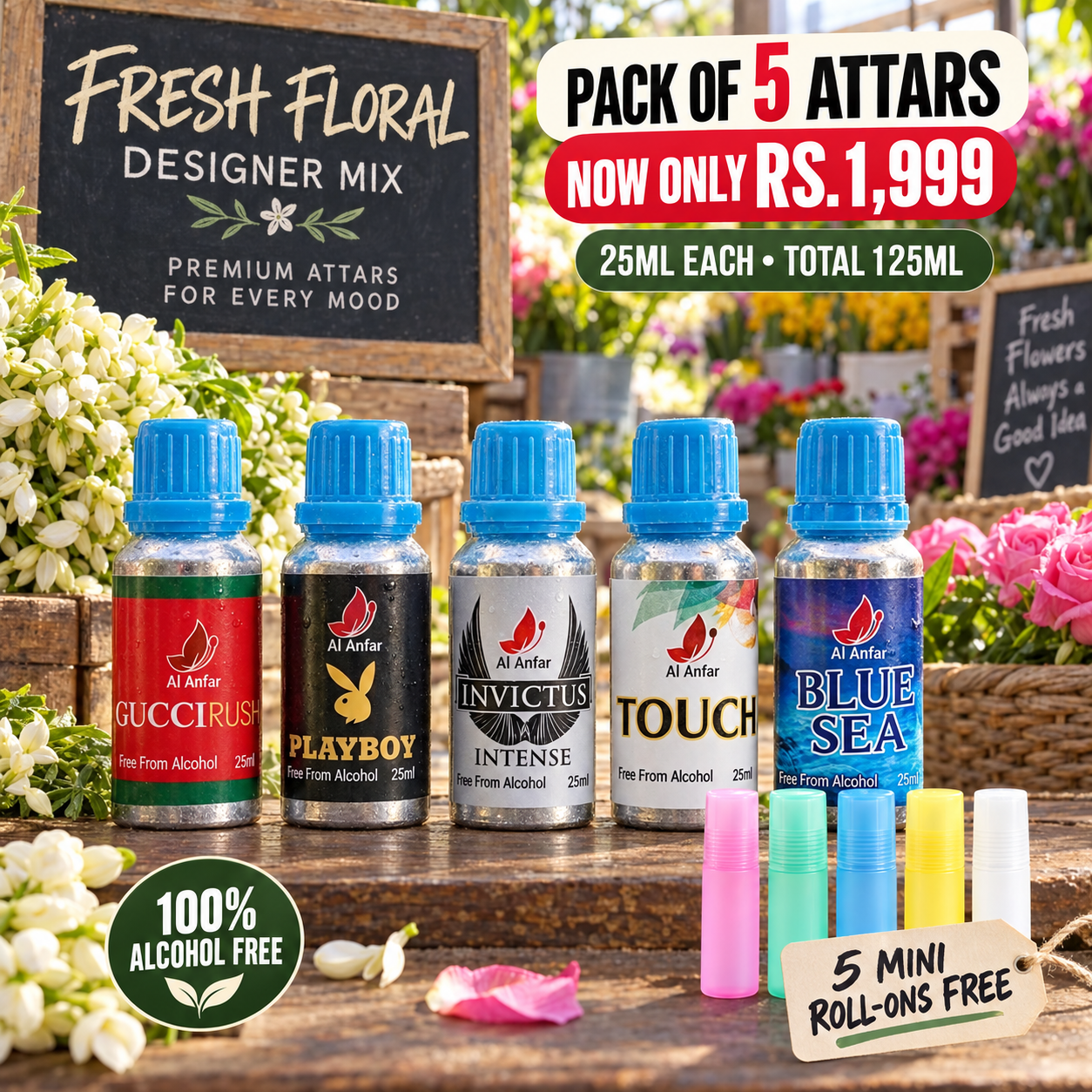 Pack of 5 Attars – Fresh & Party Inspired (25ml Each)
