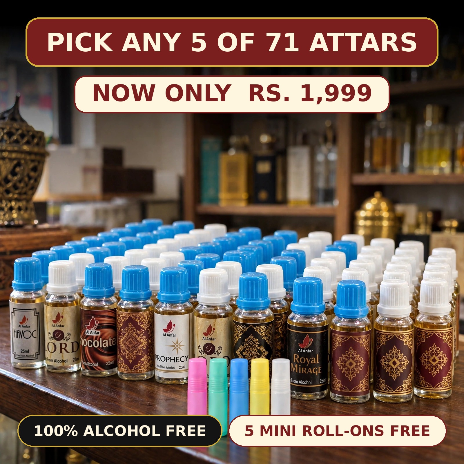 Pick any 5 of 71 attars - Rs 1,999 with 5 free mini roll-ons